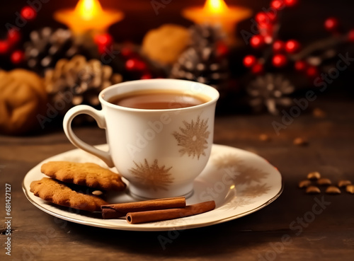 hot cup of coffee with cinnamon sticks and charismas cookies, Coffee beans, Christmas vibes