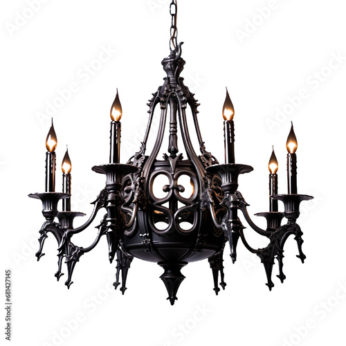 Front view Gothic Black Iron chandelier isolated on a white transparent background