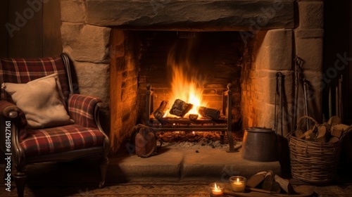 An open fireplace with a crackling fire and a pair of slippers sitting nearby AI generated illustration
