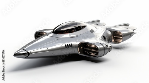 Fototapeta Naklejka Na Ścianę i Meble -  An ultramodern spaceship in a sleek silver design hovering isolated on a white background  AI generated illustration