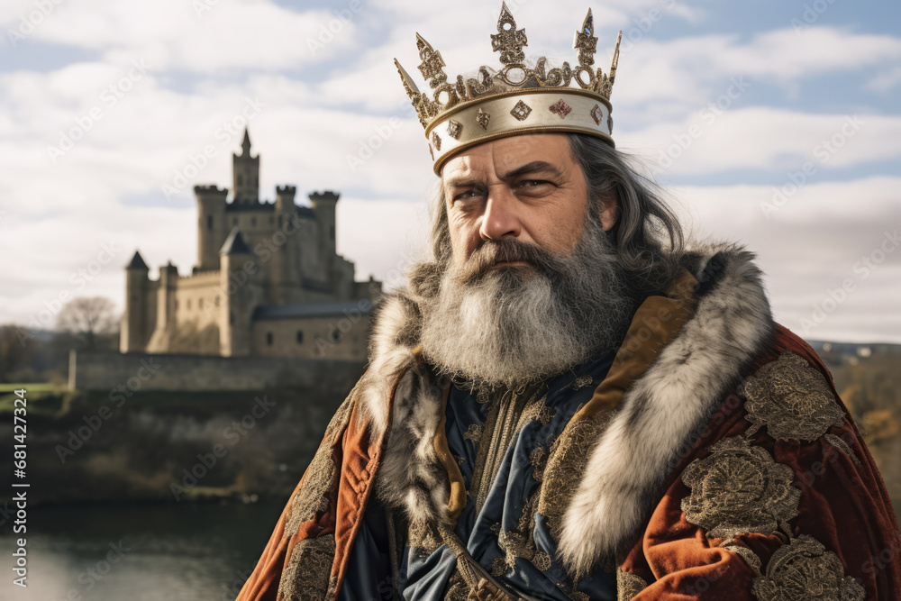 Portrait of a man dressed like Charlemagne the former french king and emperor with French medieval castle in background Portrait of a man dressed like Charlemagne the former french king and emperor with French medieval castle in background