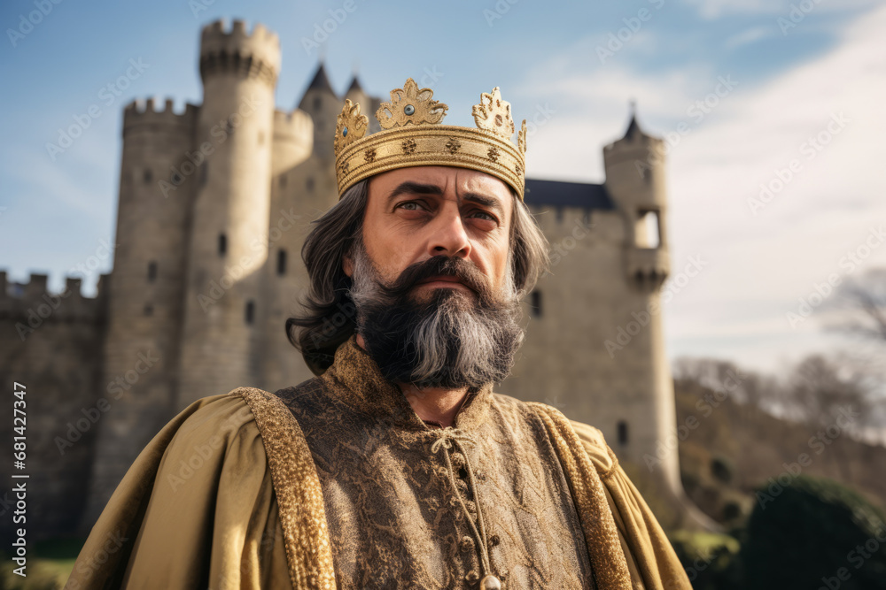 Fototapeta premium Portrait of a man dressed like Charlemagne the former french king and emperor with French medieval castle in background