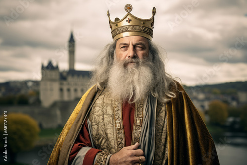 Portrait of a man dressed like Charlemagne the former french king and emperor with French medieval castle in background photo