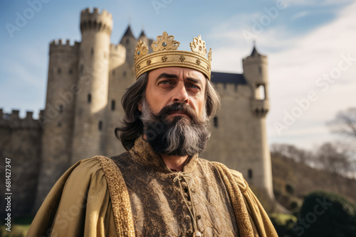 Portrait of a man dressed like Charlemagne the former french king and emperor with French medieval castle in background