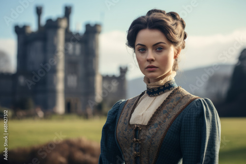 Portrait of a woman dressed like Queen Victoria the former British monarch in front a an English castle