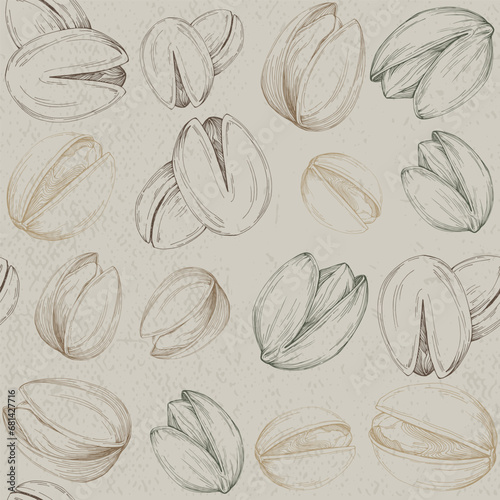Seamless pattern with pistachio nuts. Hand-drawn colored vector illustration for printing.