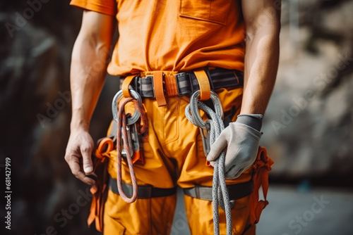 Close up of male rock climber wearing climbing equipment with ropes and getting ready for climb, dangerous and adventurists outside sport
