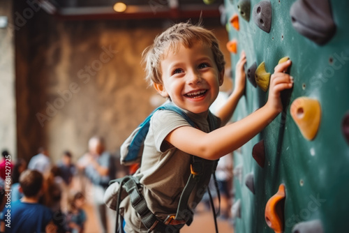 Cute little boy climbing an indoor rock climbing wall with safety gear on, boy learning how to climb while smiling and having fun