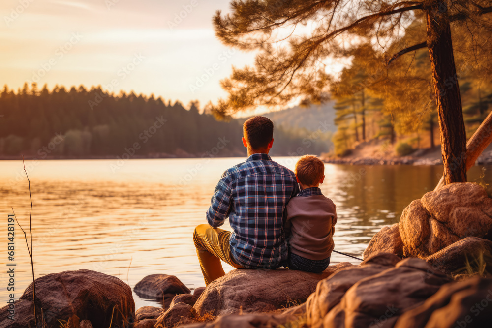 Side view portrait of father and son sitting together by the lake and spending quality time together with beautiful sunset in the background, fatherhood
