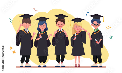 Group of graduating students standing together. Vector people illustration.