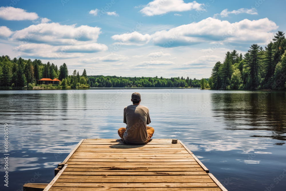 Man fishing on wooden dock alone surrounded by beautiful lake and blue sky with white clouds in Ontario Canada, relaxing fishing in nature Man fishing on wooden dock alone surrounded by beautiful lake and blue sky with white clouds in Ontario Canada, relaxing fishing in nature