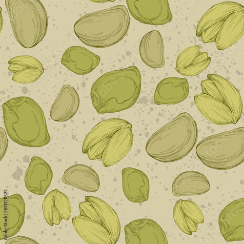Seamless pattern with pistachio nuts. Hand-drawn colored vector illustration for printing.