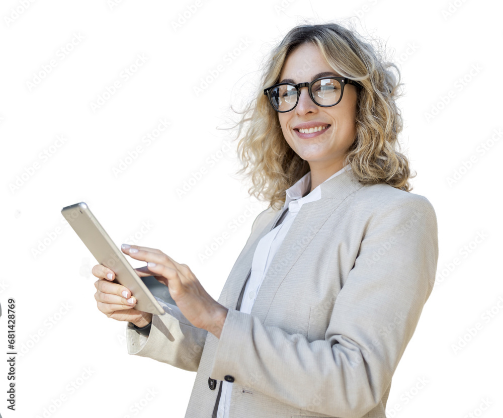 A female project marketer uses a tablet in a jacket in the office. The psychologist looks into the camera with glasses and smiles for the positive feedback. A female project marketer uses a tablet in a jacket in the office. The psychologist looks into the camera with glasses and smiles for the positive feedback.