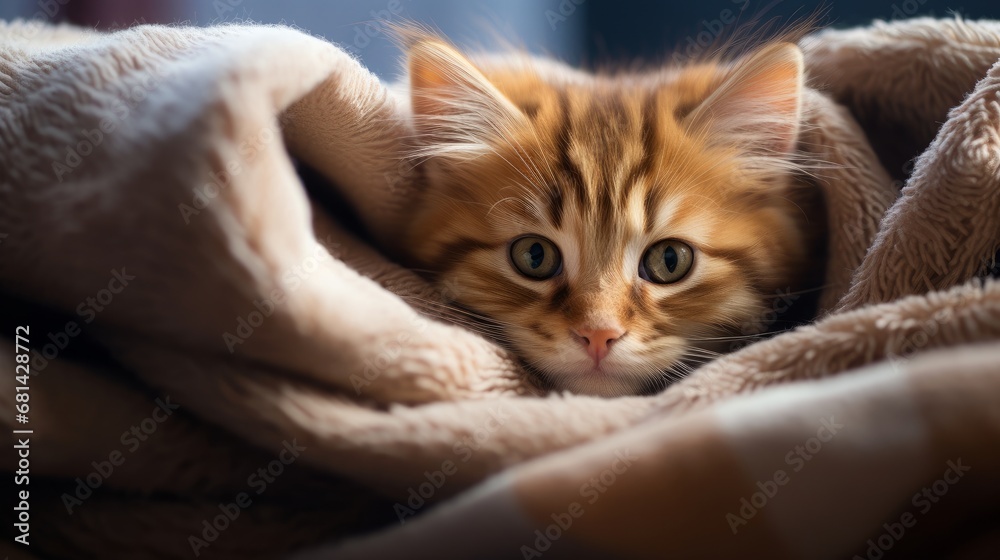 Close-up of a cat curled up in a thick fuzzy blanket  AI generated illustration