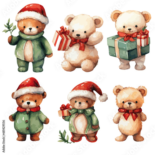 christmas toys collection with teddy bears watercolor vectors