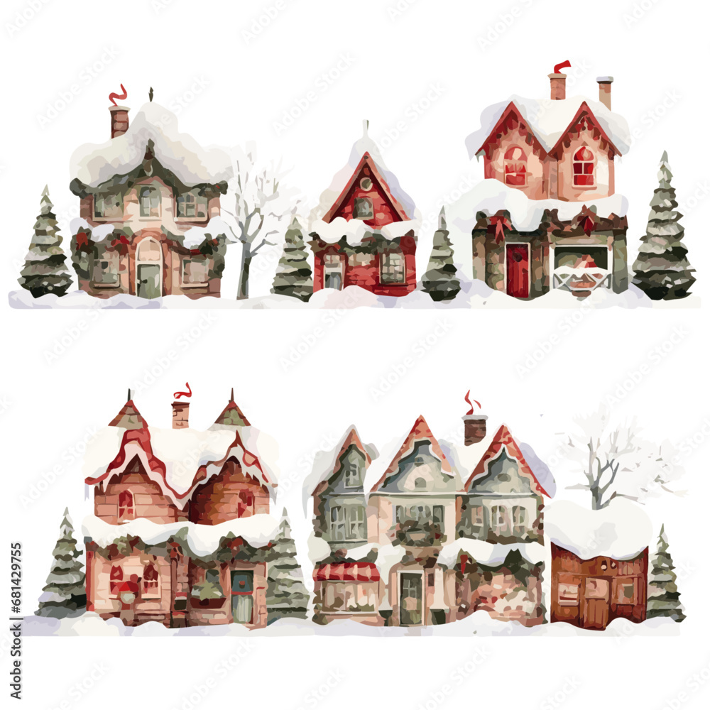 Front of christmas house cover with snow for Christmas watercolor vectors