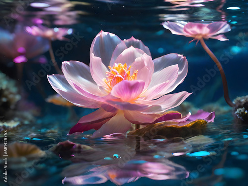 A delicate pink flower blossoms in the crystal-clear depths.