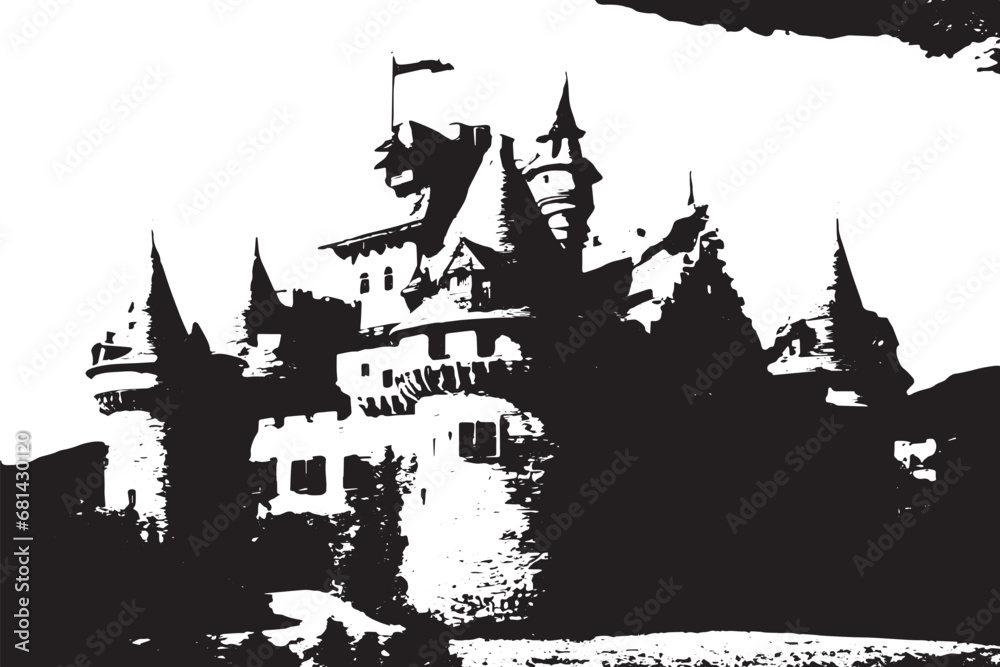 black grungy texture of castle on white background, vector illustration