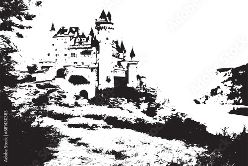 black grungy texture of castle on white background, vector illustration
