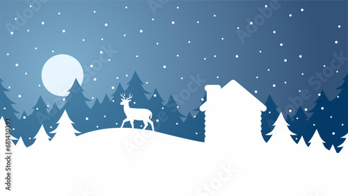 Winter season silhouette landscape vector illustration. Scenery of reindeer silhouette in the snow hill. Cold season panorama for illustration, background or wallpaper