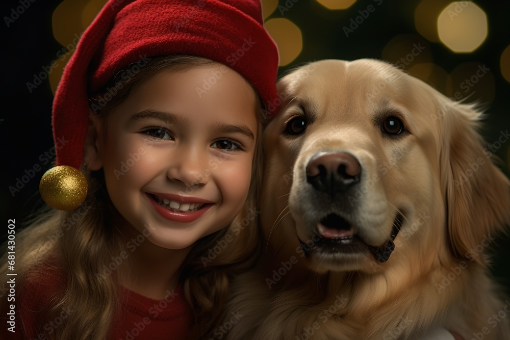 Happy girl in Santa hat with dog near Christmas tree