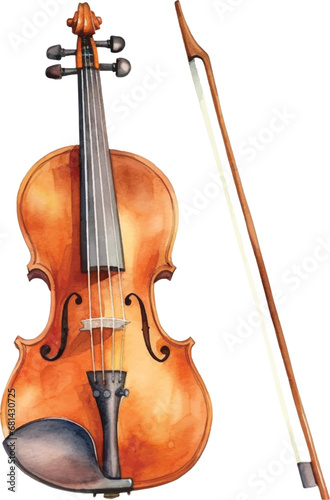 Watercolor violin with string isolated on white background