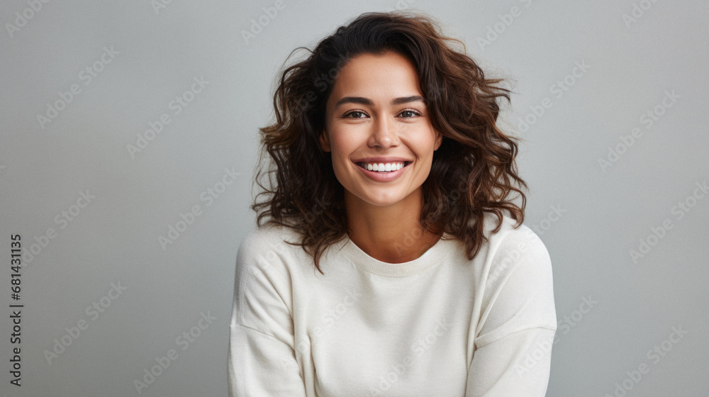 Portrait of a beautiful young woman smiling at camera over gray background. Portrait of a beautiful young woman smiling at camera over gray background.