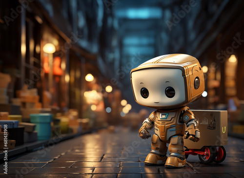 A smiling robot is making a delivery behind a package. On the road in the community area 3D digital illustration