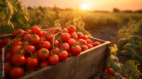 Cherry tomatoes harvested in a wooden box with field and sunset in the background. Natural organic fruit abundance. Agriculture, healthy and natural food concept. Horizontal composition.