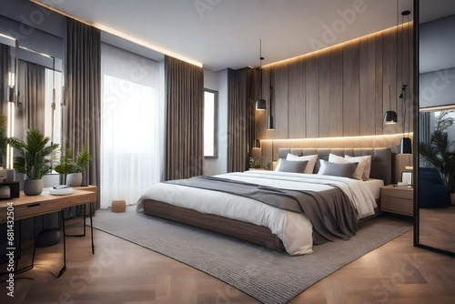 Realistic modern double bedroom with furniture and a frame © Hamza