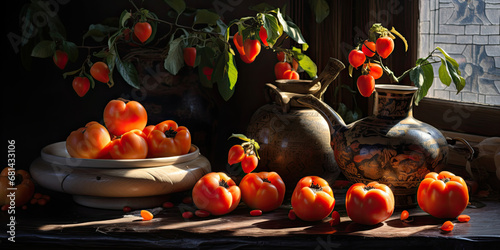 Fresh persimmons on the table. 