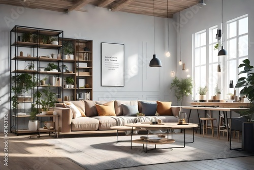 photo 3d rendering loft scandinavian living room with working table and bookshelf