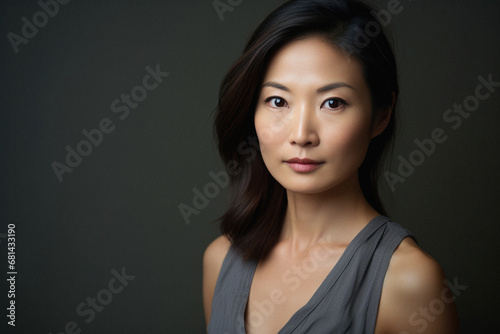 Portrait of a beautiful asian woman looking at the camera on gray background.