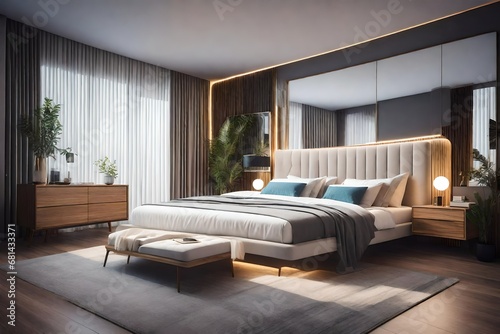 Realistic modern double bedroom with furniture and a frame