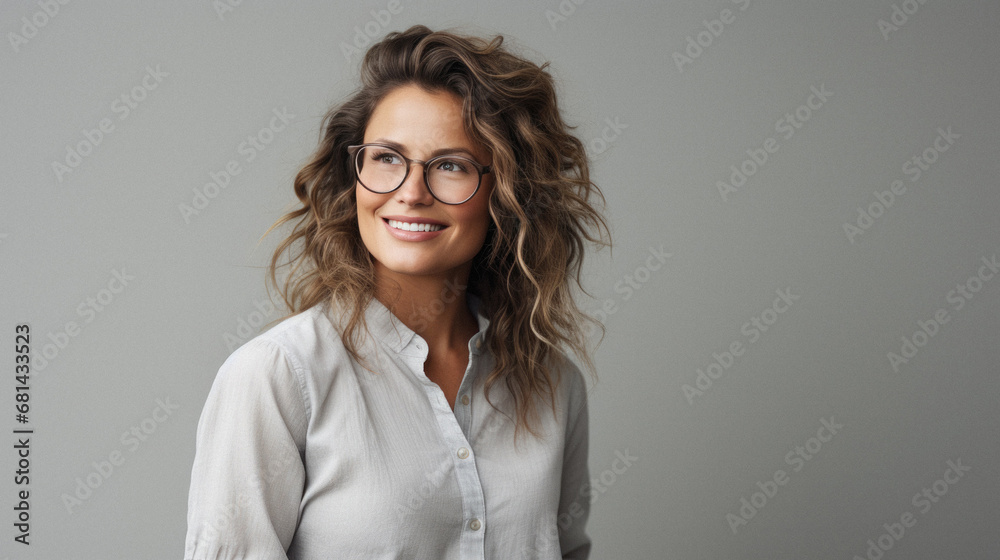 Portrait of a smiling young business woman in eyeglasses looking away. Portrait of a smiling young business woman in eyeglasses looking away.