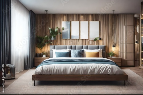 Realistic modern double bedroom with furniture and a frame © Hamza