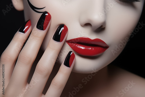 Bold Elegance: Red Lips and Nails - Close-Up of a Fashionable Woman's Face, showcasing Beauty and Glamour in Detail, pale skin