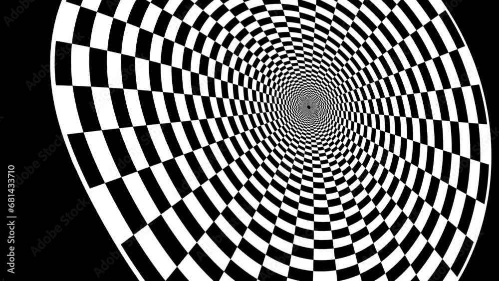 Cylinder tunnel square chess black and white rotating, checker board 3d animation, optical illusion loop footage abstract background for vj, dj, template, intro and outro video. 