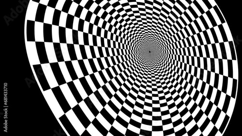 Cylinder tunnel square chess black and white rotating, checker board 3d animation, optical illusion loop footage abstract background for vj, dj, template, intro and outro video. 