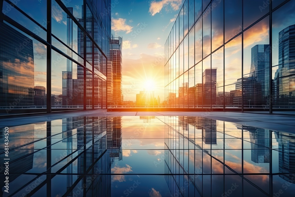 Modern office building or business center Tall buildings' windows made of glass reflect clouds and sunlight. Empty streets outside the walls of modern civilization business growth by Generative AI Modern office building or business center Tall buildings' windows made of glass reflect clouds and sunlight. Empty streets outside the walls of modern civilization business growth by Generative AI