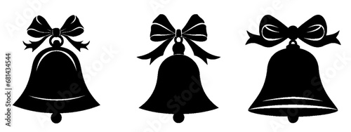 Christmas tree decoration symbol ornament vector illustration - Set collection of black silhouette of christmas bells with a bow made of gift ribbon, isolated on white background