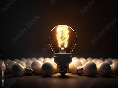 One of the lamp shining among turned off light bulbs in dark area with copy space for creative thinking, problem solving solution and exceptional concept by 3D rendering technique.