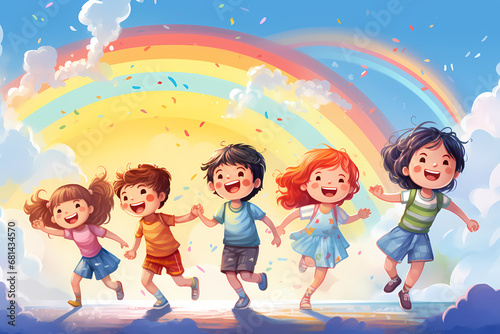 children playing happily on rainbow background
