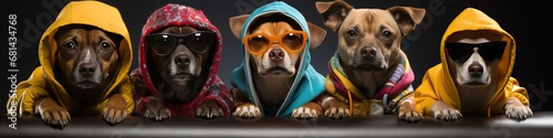 group of dogs dressed in fashionable clothes and modern outfits