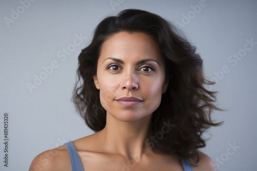 Portrait of a beautiful young latin woman looking at camera over gray background.