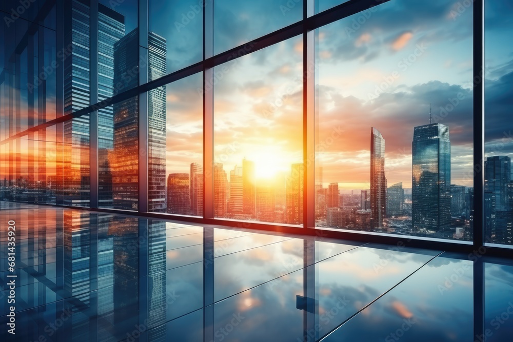 Modern office building or business center Tall buildings' windows made of glass reflect clouds and sunlight. Empty streets outside the walls of modern civilization business growth by Generative AI Modern office building or business center Tall buildings' windows made of glass reflect clouds and sunlight. Empty streets outside the walls of modern civilization business growth by Generative AI