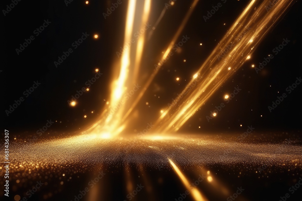 Obraz premium golden particles and light rays with bokeh effect on black background