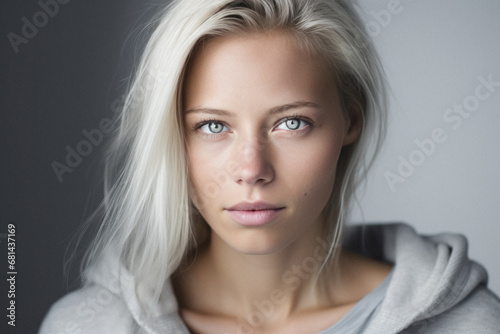 Portrait of a beautiful blonde girl in a gray hoodie.