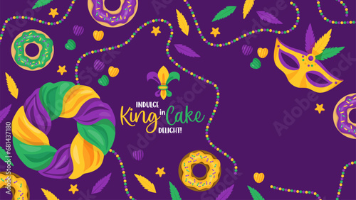 Festive King Cake. Mardi Gras carnival banner. Traditional pastries and donuts with colorful icing, beads, necklaces, mask and feathers. Vector horizontal illustrations in cartoon style. Copy space.
