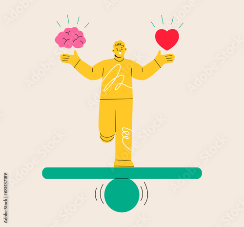 Smiling man find balance between heart and brain. Rational reasonable and emotional choice. Colorful vector illustration